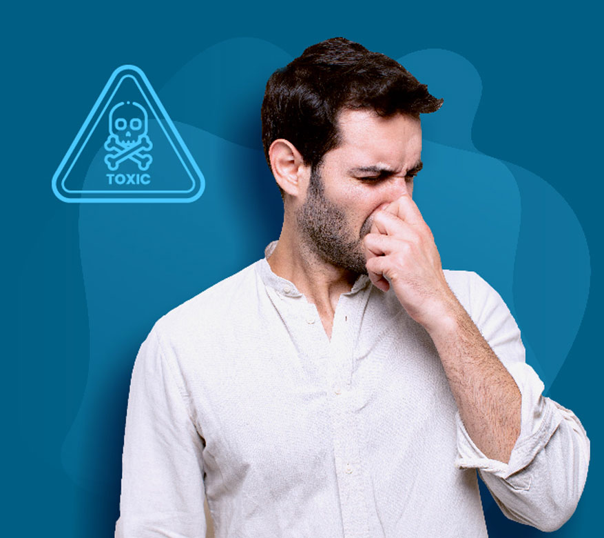 man holding his nose with a toxic icon